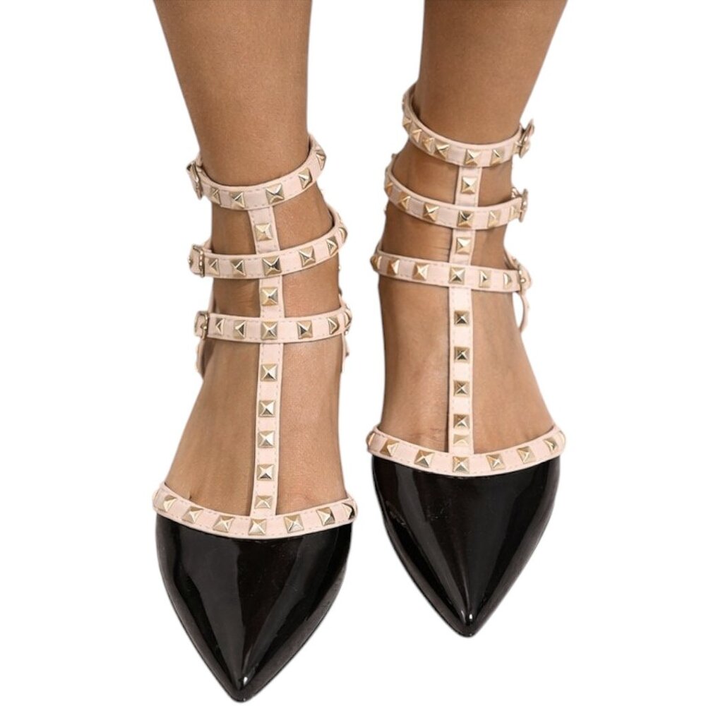 Studded Pointed Toe Punk Flats – Black Patent & Beige Triple Buckle Sandals - Picture 2 of 7